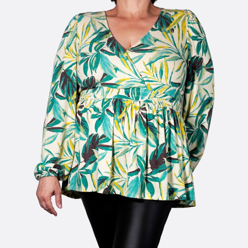 Torrid Peplum Top Green Tropical Leaf Surplice Smocked Waist Knit Blouse 0X L